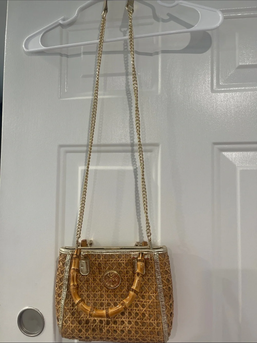 Lilly Pulitzer Woven Bamboo-Handle Satchel in Tan and Gold